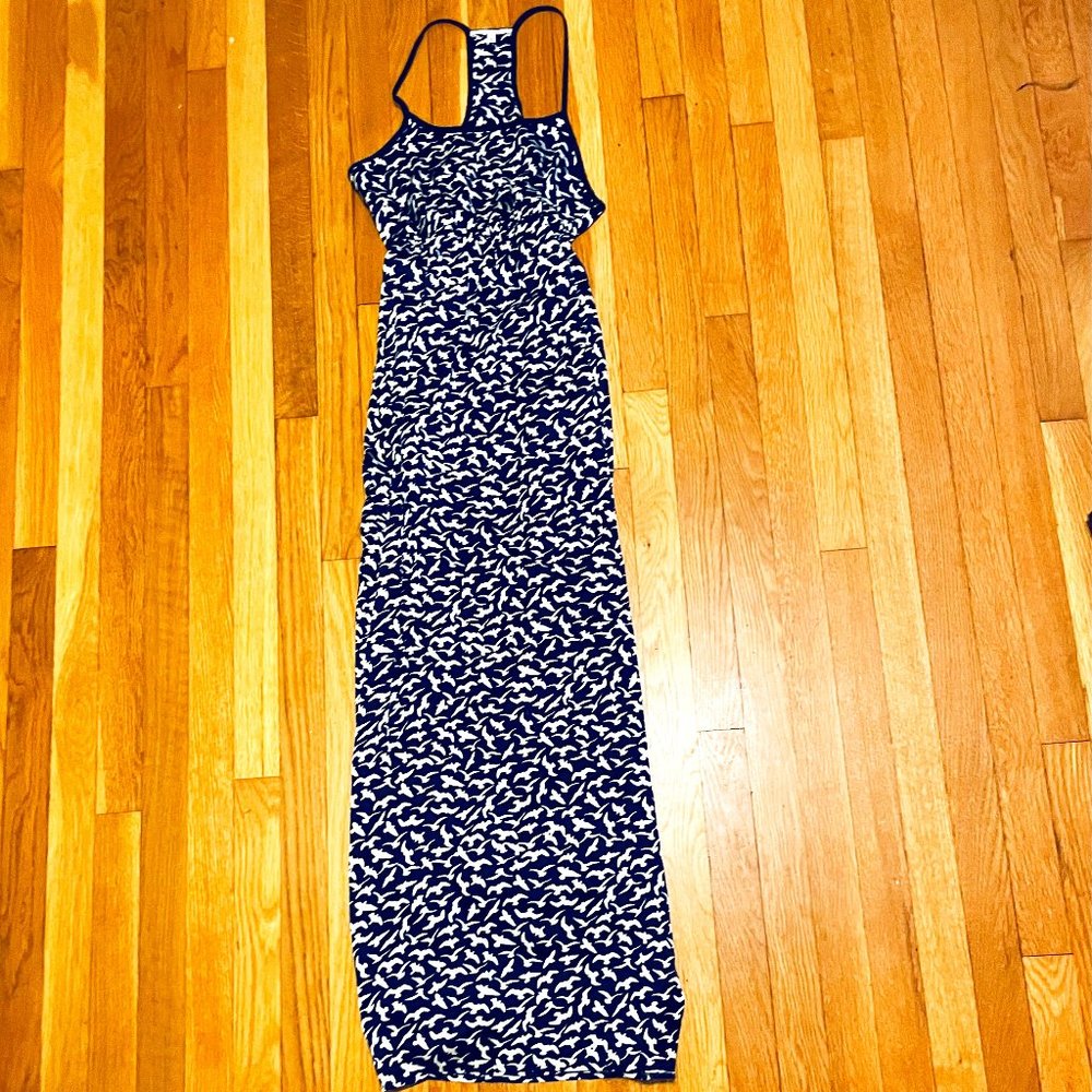 Dark Blue Flowy Floor Length Dress with White Bird Pattern